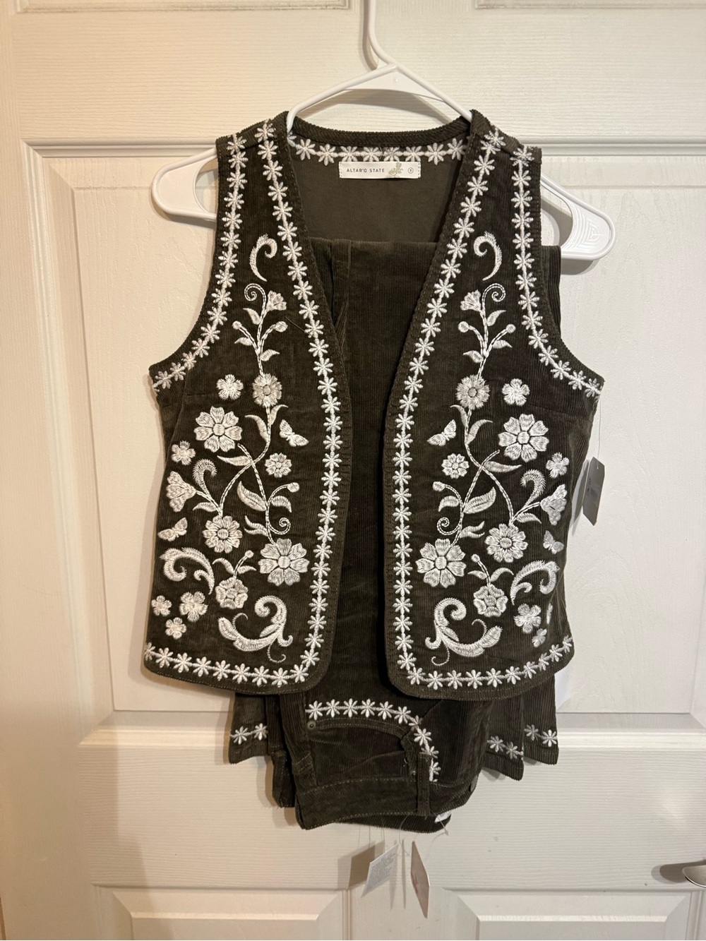 Altar'd State Olive Corduroy Vest and pants with White Floral Trim NWT